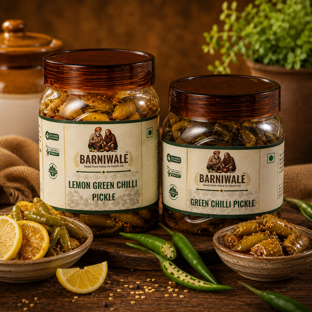 Lemon green chilli pickle + Green chilli pickle